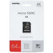 Карта памяти MicroSD 64Gb Class 10 Pro UHS-I U3 (60/95 Mb/s) Smartbuy